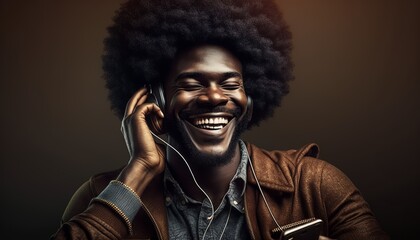 black man with afro hair, smiling, sitting with headphones using smartphone to listen to music and use social networks. ai generative