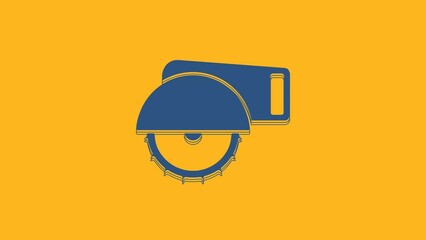 Poster - Blue Electric circular saw with steel toothed disc icon isolated on orange background. Electric hand tool for cutting wood or metal. 4K Video motion graphic animation