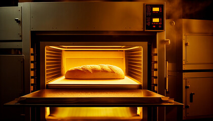 A lot of bread prepare to move on in the shelf. Bread bakery food factory production with fresh products. Automated production of bakery products.