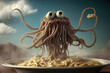 Flying spaghetti monster. Pastafarianism concept. Funny pasta. Created with Generative AI