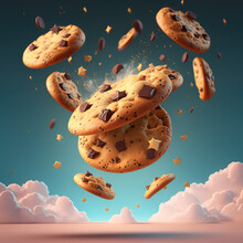 Chocolate Chip Cookies Falling. Cloudy Sky And Chocolate Drops Cookie. Chocolate Chip Cookies Flying On A Pastel Background. 3d Render Illustration. Generative AI Art.