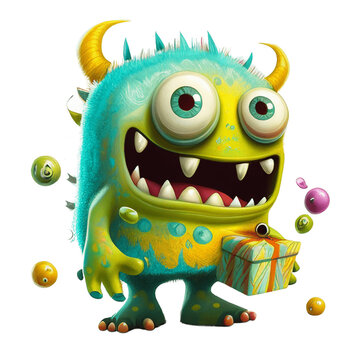 Cute cartoon monster with horns,big eyes holding a gift box in his hand