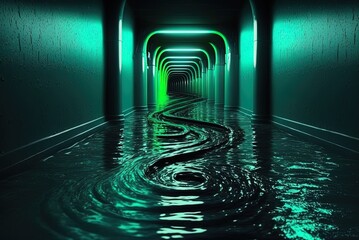 Wall Mural - Water canal ripple wave graphic backdrops with green neon lights in an underground drain tunnel corridor hallway Generative AI