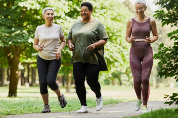 Wall Mural - Full length portrait of three active senior women jogging in park together and enjoying sports