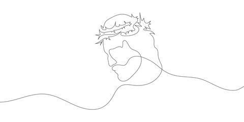 Wall Mural - Continuous one line drawing of Jesus Christ with crown of thorns. Linear background.