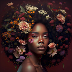 Wall Mural - Portrait of black woman with flowered afro hair. Generative Ai