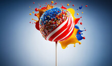  A Red, White And Blue Lollipop With Sprinkles On A Stick.  Generative Ai