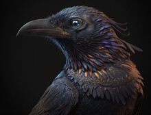 Colorful Close-up Portrait Of Evil Raven Crow With Oriental Ornament Elements Halloween Background Generative AI Technology