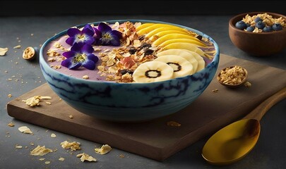 Poster -  a bowl of cereal with fruit and nuts on a cutting board.  generative ai