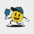 Pickleball ball mascot in cap with racket. Funny cartoon character. Trendy isolated vector illustration.