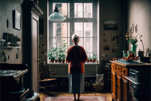 Created With Generative AI Technology. Senior Woman Standing Alone At Home. Widow Being Sad Missing About Husband