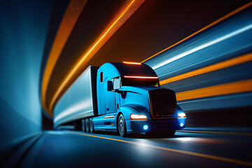 Wall Mural - Semi Truck in Interstate Tunnel - Generative Ai