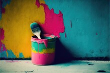 Paintbrush And Paint Can On Grunge Wall, Vintage Color Tone