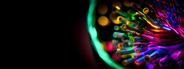 Optical fiber speed concept illustration, colorful lines cable close up high speed network data transfer, banner with copy space. Generative AI