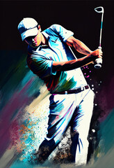 Wall Mural - Golf sport player in action swing, watercolor painting style illustration, vertical tournament poster or card. Generative AI