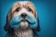 Dog with funny blue mustache. Created with Generative AI technology.