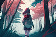 © Boadicea - Girl walking alone in forest. Anime style. AI generated image.