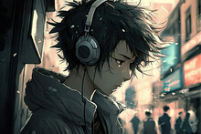Anime Guy With Headphones On City Street. AI Generated Image.