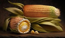  A Corn Cob And Two Pieces Of Corn On A Table.  Generative Ai