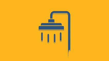 Wall Mural - Blue Shower head with water drops flowing icon isolated on orange background. 4K Video motion graphic animation