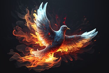Wall Mural - Pentecost background with flying dove and fire. Generative AI.