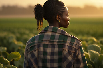 Wall Mural - Young woman farmer wearing a plaid shirt on plantation. Generative AI