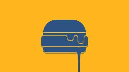 Poster - Blue Burger icon isolated on orange background. Hamburger icon. Cheeseburger sandwich sign. Fast food menu. 4K Video motion graphic animation