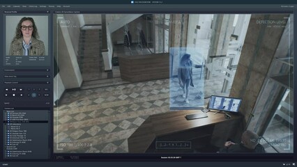 Playback CCTV camera on computer screen. Security camera in coworking office lobby. AI software with facial recognition and personal profiles. Face scanning system. Surveillance and monitoring.