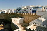 Fototapeta  - Assillah, la perla bianca dell'Atlantico. Marocco. Case bianche con finiture indaco e verde e pitture murali fanno di questa piccola città un esempio di bellezza architettonica
