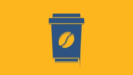 Canvas Print - Blue Coffee cup to go icon isolated on orange background. 4K Video motion graphic animation