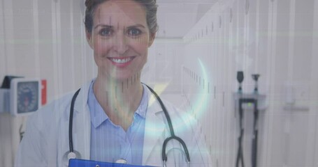 Poster - Animation of lightning icon in circle over caucasian female doctor with clipboard over server room