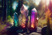 Gemstones On Mysterious Forest Background. Life Balance Or Esoteric And Wiccan Concept. Generative Ai.