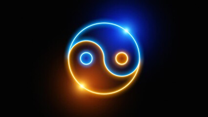 Poster - yin yang neon light symbol in blue and orange colors rotating on a black background. looping video