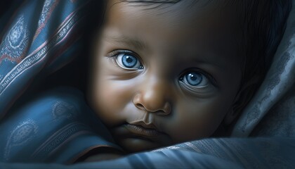 Close up portrait of a fictionnal indian newborn baby boy with beautiful blue eyes, wrapped in blue sheets. Generative AI illustration.