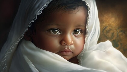 Close-up portrait of a fictionnal indian newborn baby boy with beautiful brown eyes, wrapped in white sheets. Generative AI illustration.