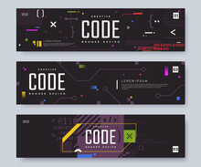 Computer Programming Banner Design With Place For Text. Coding And Software Development Web Banner Concept. Abstract Digital Technology Background For IT Business. Vector Illustration.