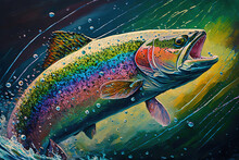 Colorful Oil Painting Of A Rainbow Trout By Generative AI