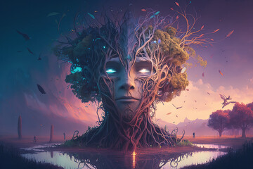 Wall Mural - Fantasy human head-shaped yggrasil tree that is both mystical and alive. God's concept art. Myths pertaining to religion. imaginative job. Creative work