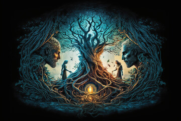 Wall Mural - women tending to roots of a large mystical Yggdrasil tree of life. Nordic mythology. Generative art