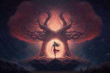 Wall Mural - woman in yoga pose infront of yggdrasil tree of life. Generative art