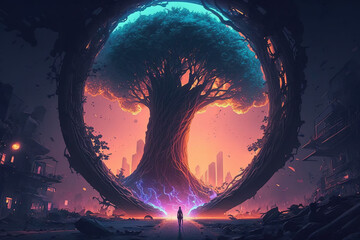 Wall Mural - Yggdrasil tree  futuristic rock light monolith at sunset. Generative art.