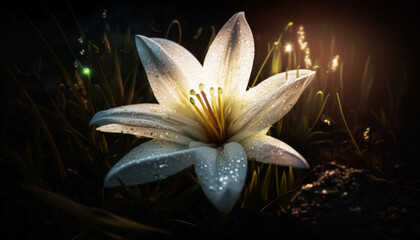 Wall Mural - Beautiful White Lily  Flower Glowing in the dark with sparkles in the air, magical atmosphere in a grass patch at the edge of a forest at night, abstract concept . Generative AI