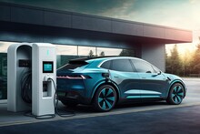 Electric Car Being Charged At A Charging Station, Generative AI