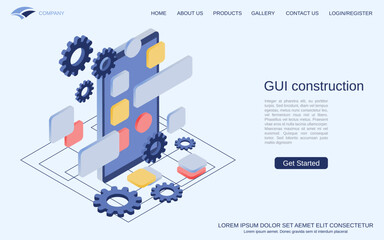Wall Mural - GUI construction, software engineering, mobile application development flat 3d isometric style vector concept illustration