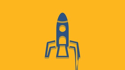 Sticker - Blue Rocket ship icon isolated on orange background. Space travel. 4K Video motion graphic animation