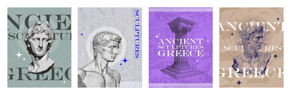 ancient greece - collection of minimalistic posters, sculptures and busts in pastel colors. antiquit