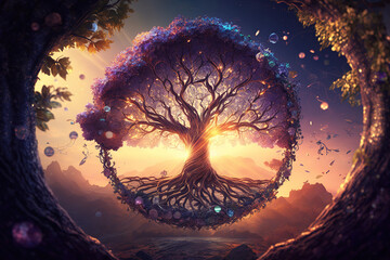 Wall Mural - The Mystery of Yggdrasil: Nordic Mythology Tree Stock Image for Fantasy Artwork. Generative art