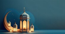3d Modern Islamic Holiday Banner, Suitable For Ramadan, Raya Hari, Eid Al Adha And Mawlid. A Lit Up Lantern And Crescent Moon Decor On Serene Evening Blue Background., Copy Space By Ai Generative