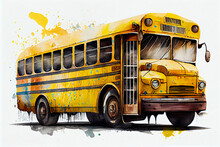 Colorful Yellow School Bus Illustration With Watercolors On White Isolated Background.Front View.Copy Space.Text Space.Created With Generative Ai