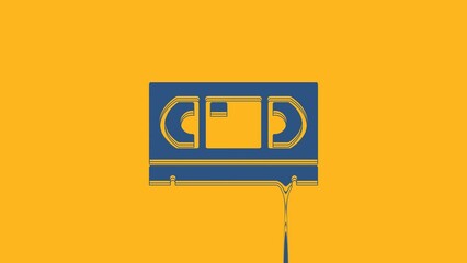 Sticker - Blue VHS video cassette tape icon isolated on orange background. 4K Video motion graphic animation